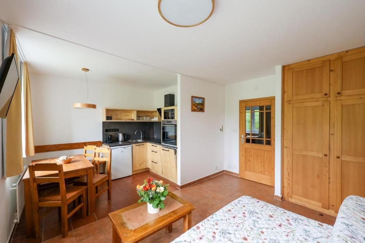 Un ambiente compatto con angolo cottura, zona pranzo e camera da letto.