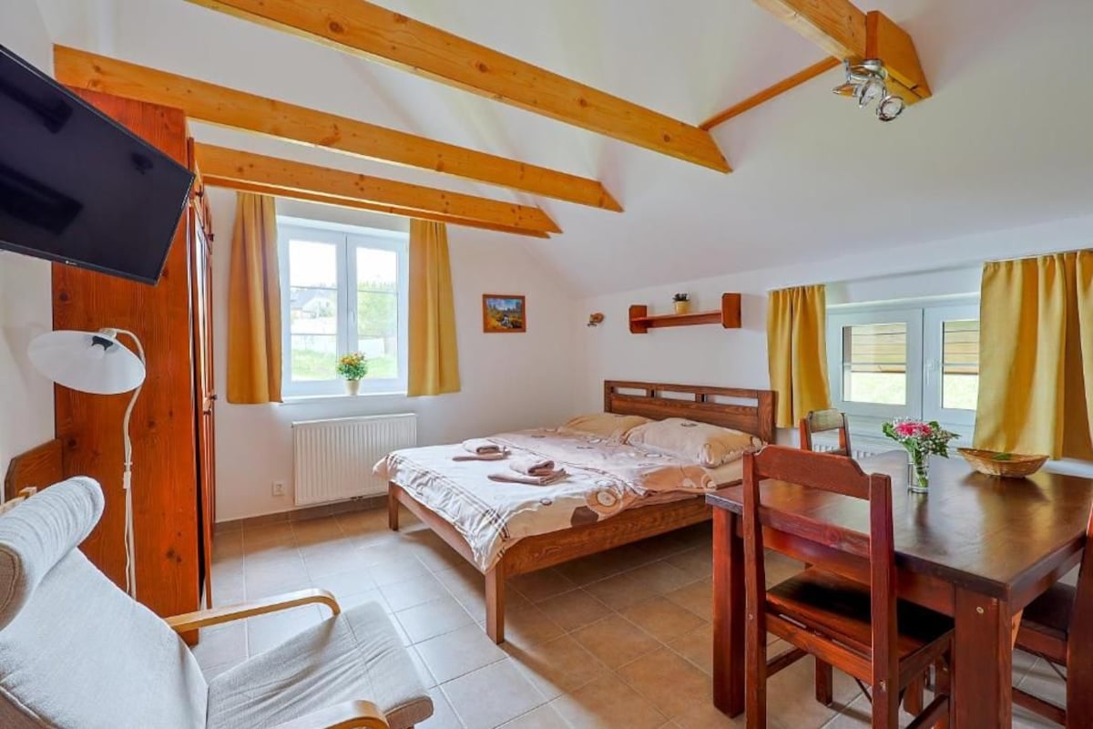 A bedroom with a bed, wooden beams, a TV, a desk, and a chair.