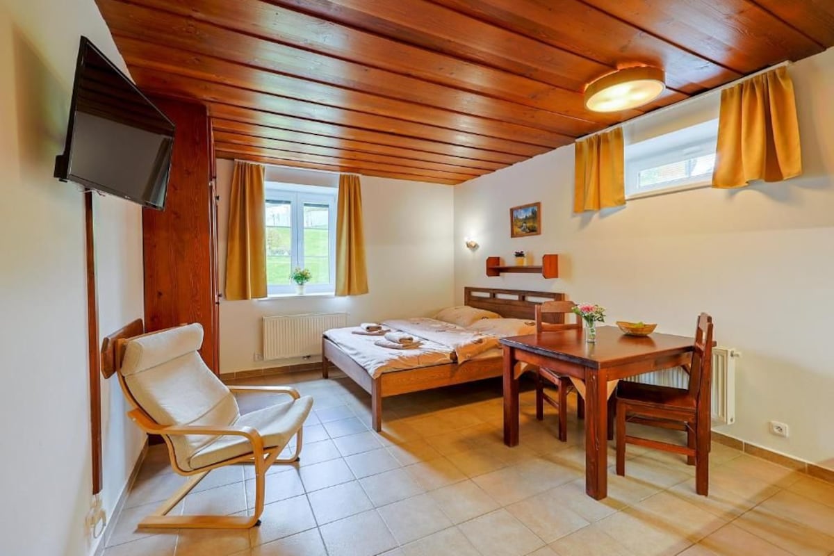 Una stanza con un letto, un tavolo da pranzo in legno, una sedia, un televisore fissato al muro e una finestra con tende.