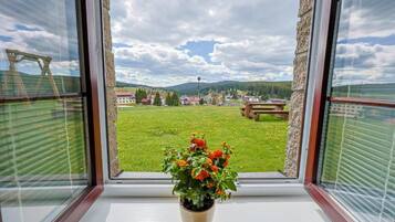 A window with a view of a grassy field, a wooden bench, and a building in the distance.