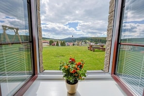A window with a view of a grassy field, a wooden bench, and a building in the distance.