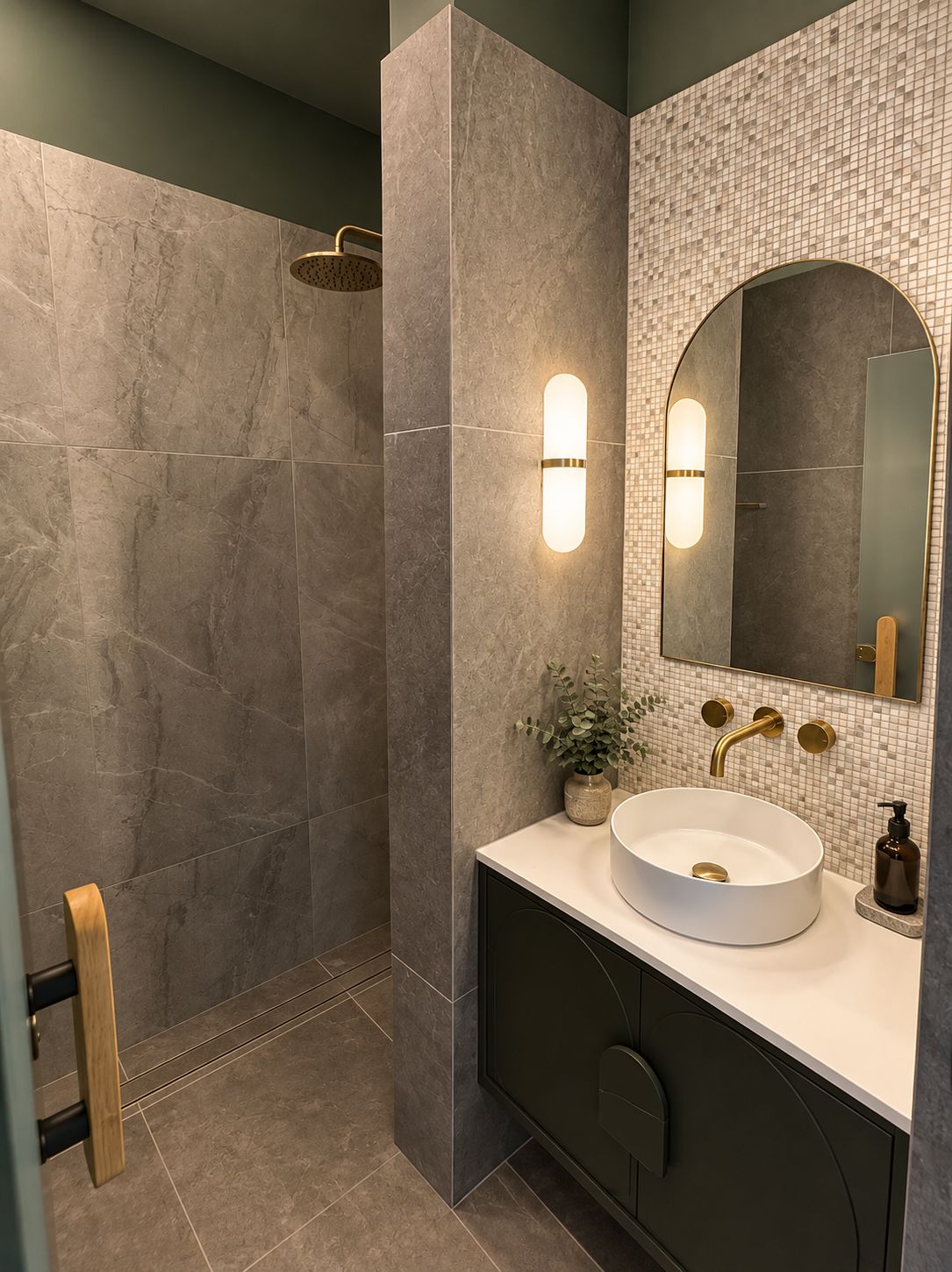 A modern bathroom with a freestanding bathtub, a round sink, and a large mirror.