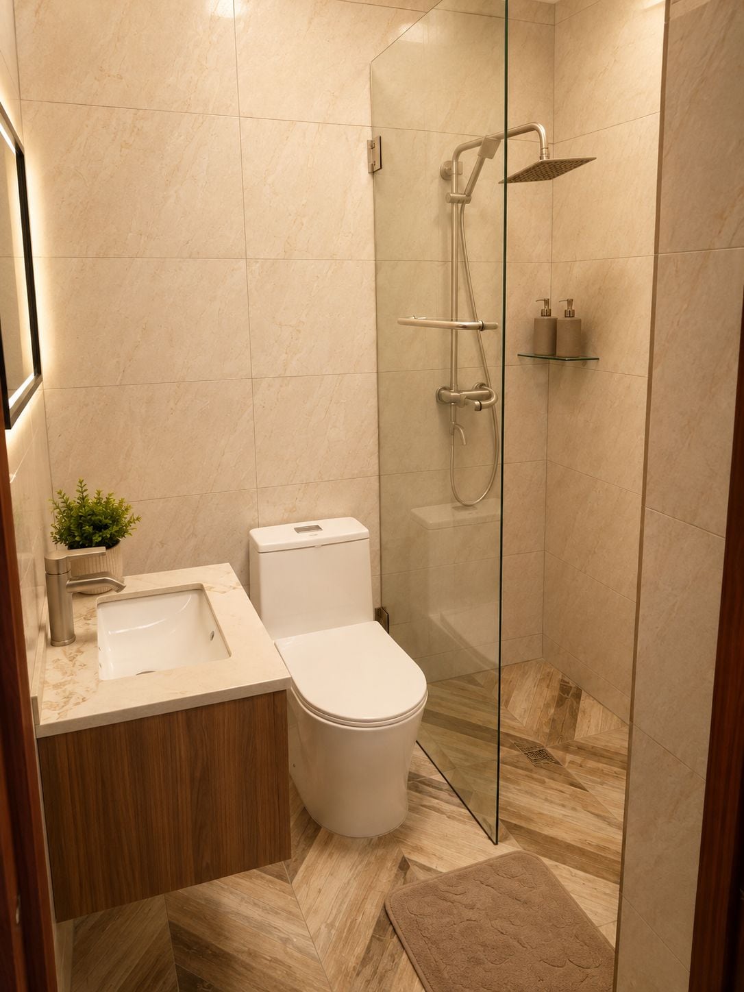 A modern bathroom with a toilet, sink, and glass-enclosed shower.