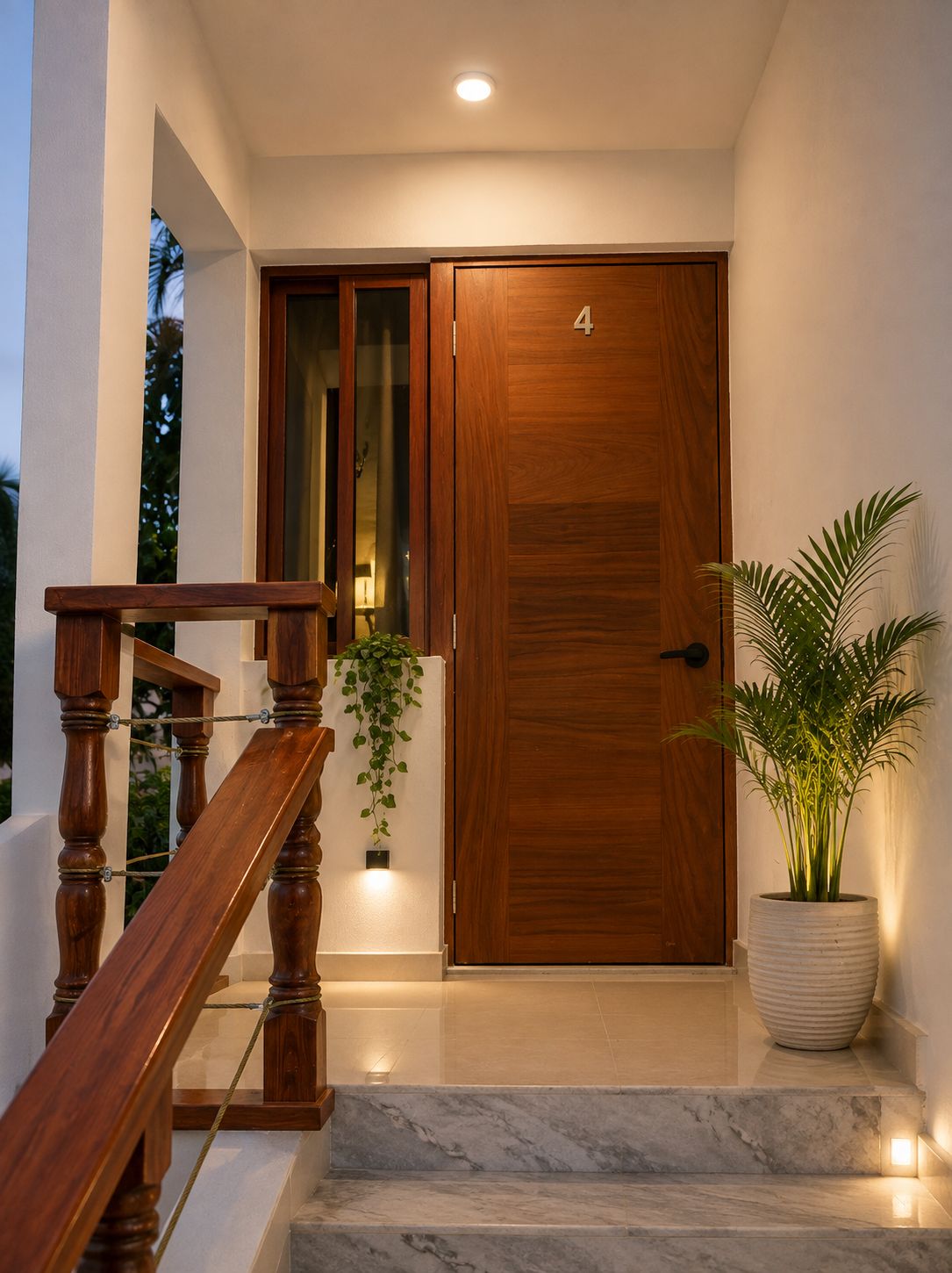Una entrada moderna con una puerta de madera marcada con el número 4, una escalera de mármol y una planta en maceta.