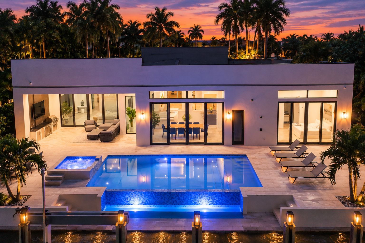 A modern house with a swimming pool, outdoor seating, and a view of palm trees.