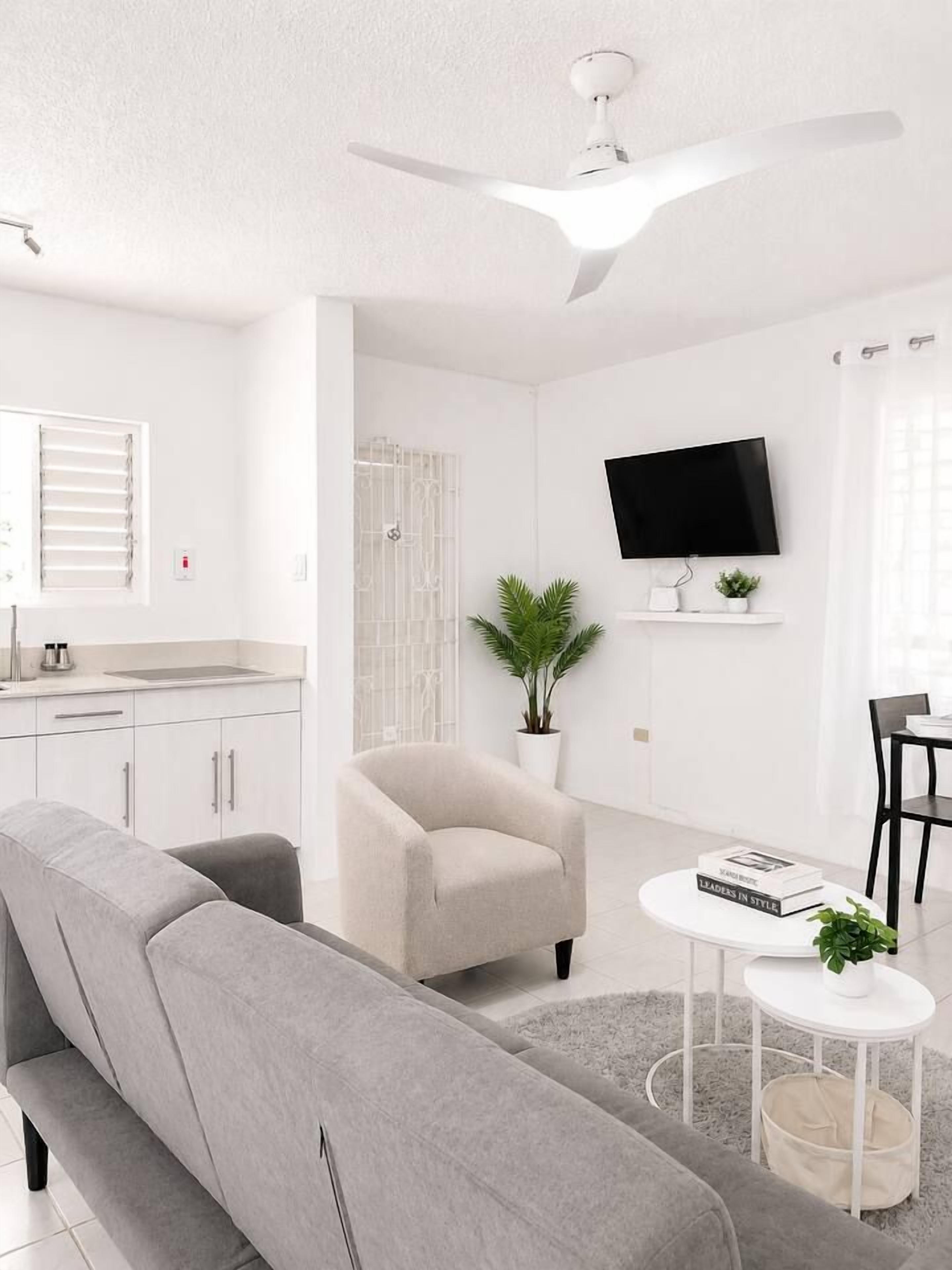Een moderne woonkamer met een grijze bank, een klein rond salontafeltje, een beige fauteuil, een flatscreen televisie aan de muur en een plafondventilator.