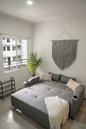 Un salon moderne avec un canapé d’angle gris, une plante en pot et une décoration murale en macramé.