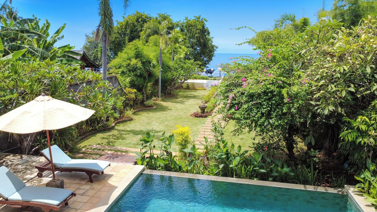 Une piscine entourée de chaises longues et dotée d’un parasol, le tout noyé dans une végétation luxuriante et offrant une vue sur l’océan.