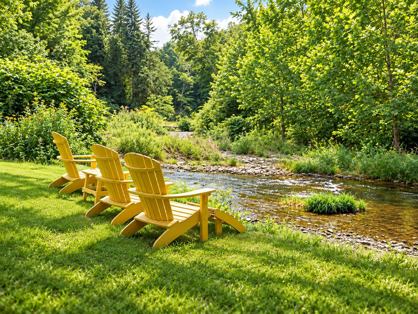 Une zone herbeuse avec un ruisseau et trois chaises Adirondack jaunes, disposées face à l’eau.