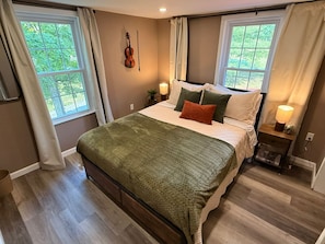 A bedroom with a bed, a violin on the wall, and two windows with curtains.