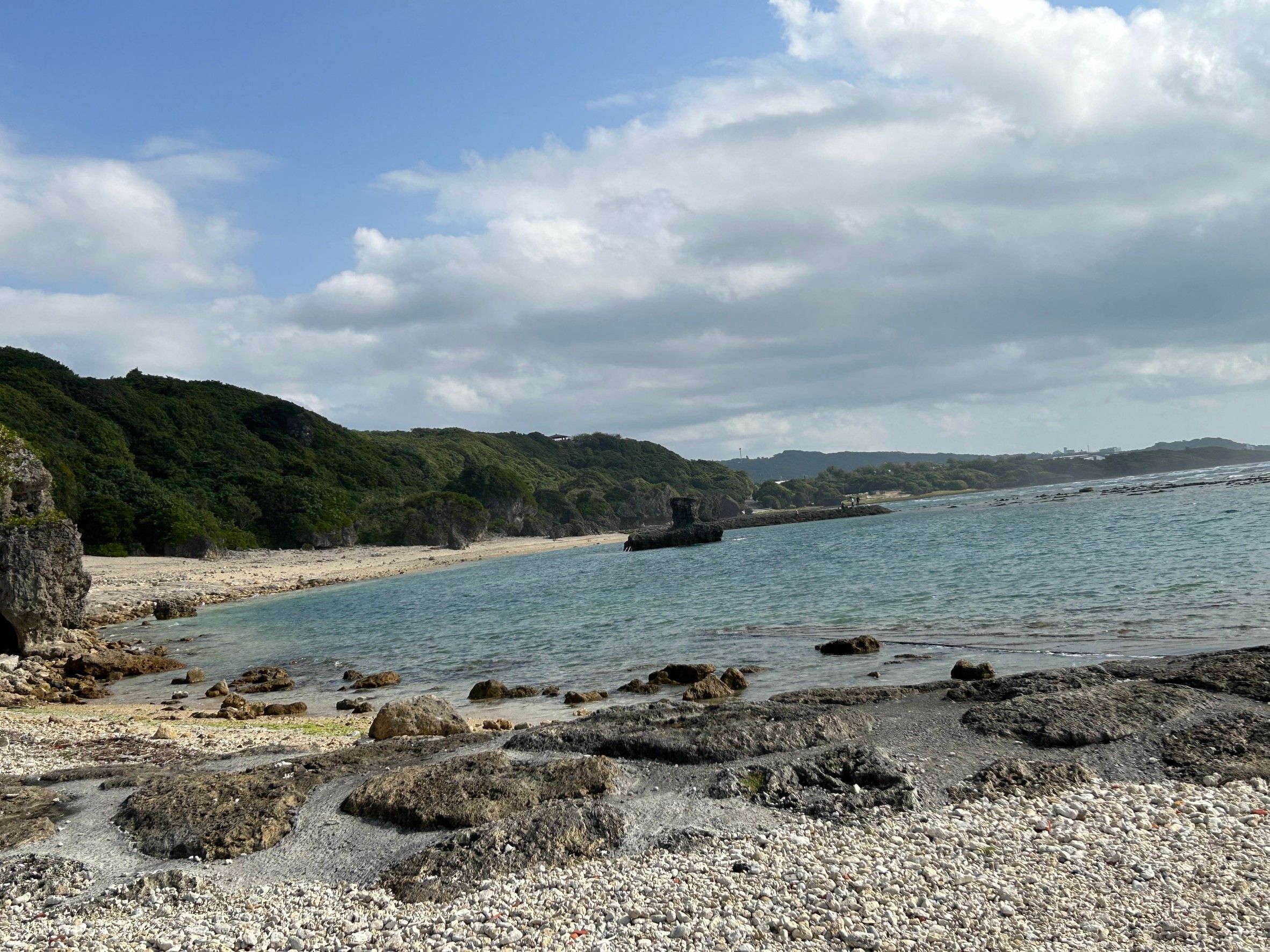 A coastal landscape with rocky shores, a clear sky, and distant hills.