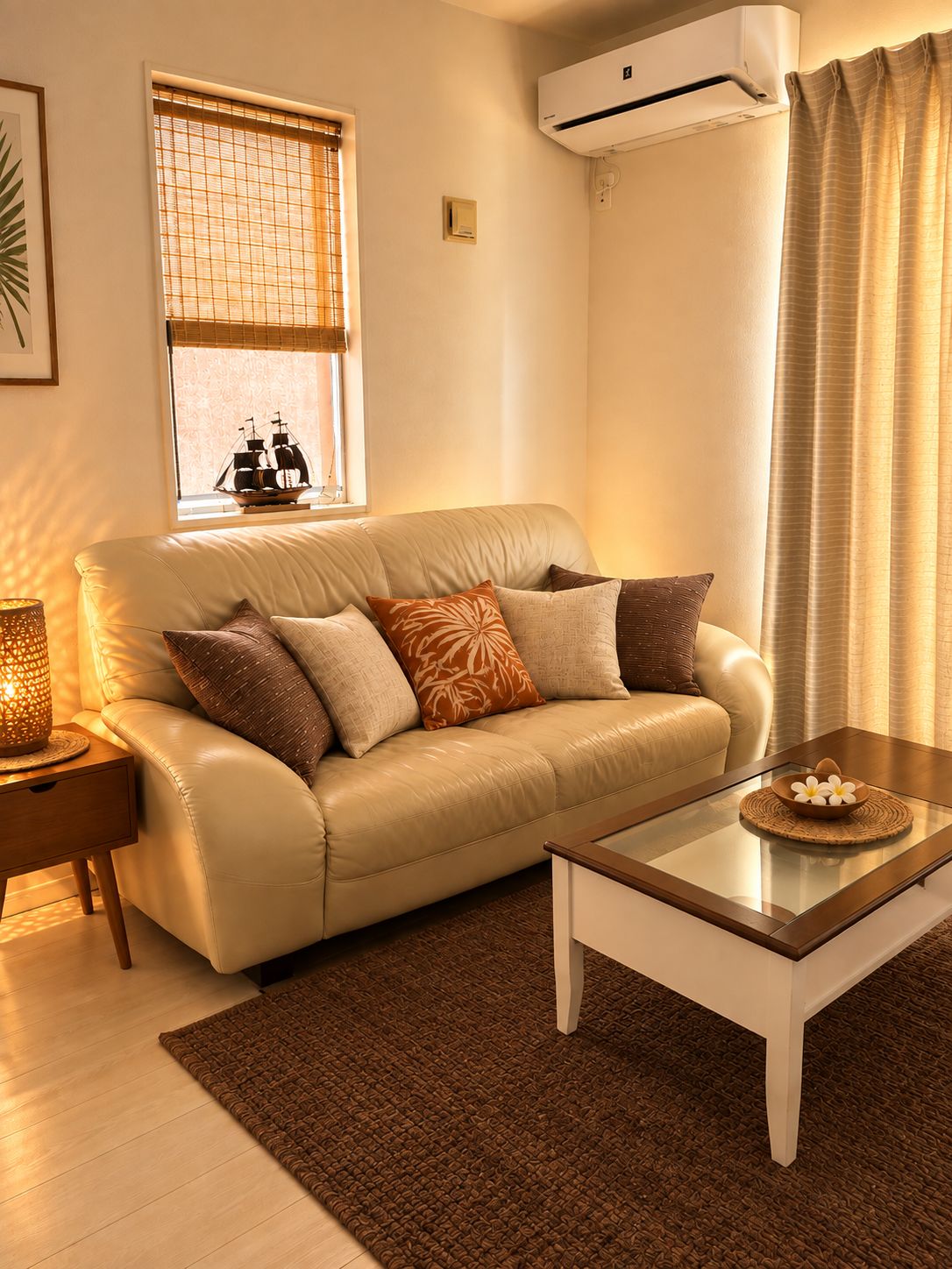 A living room with a beige sofa, a glass coffee table, a patterned rug, a window with blinds, and an air conditioning unit.