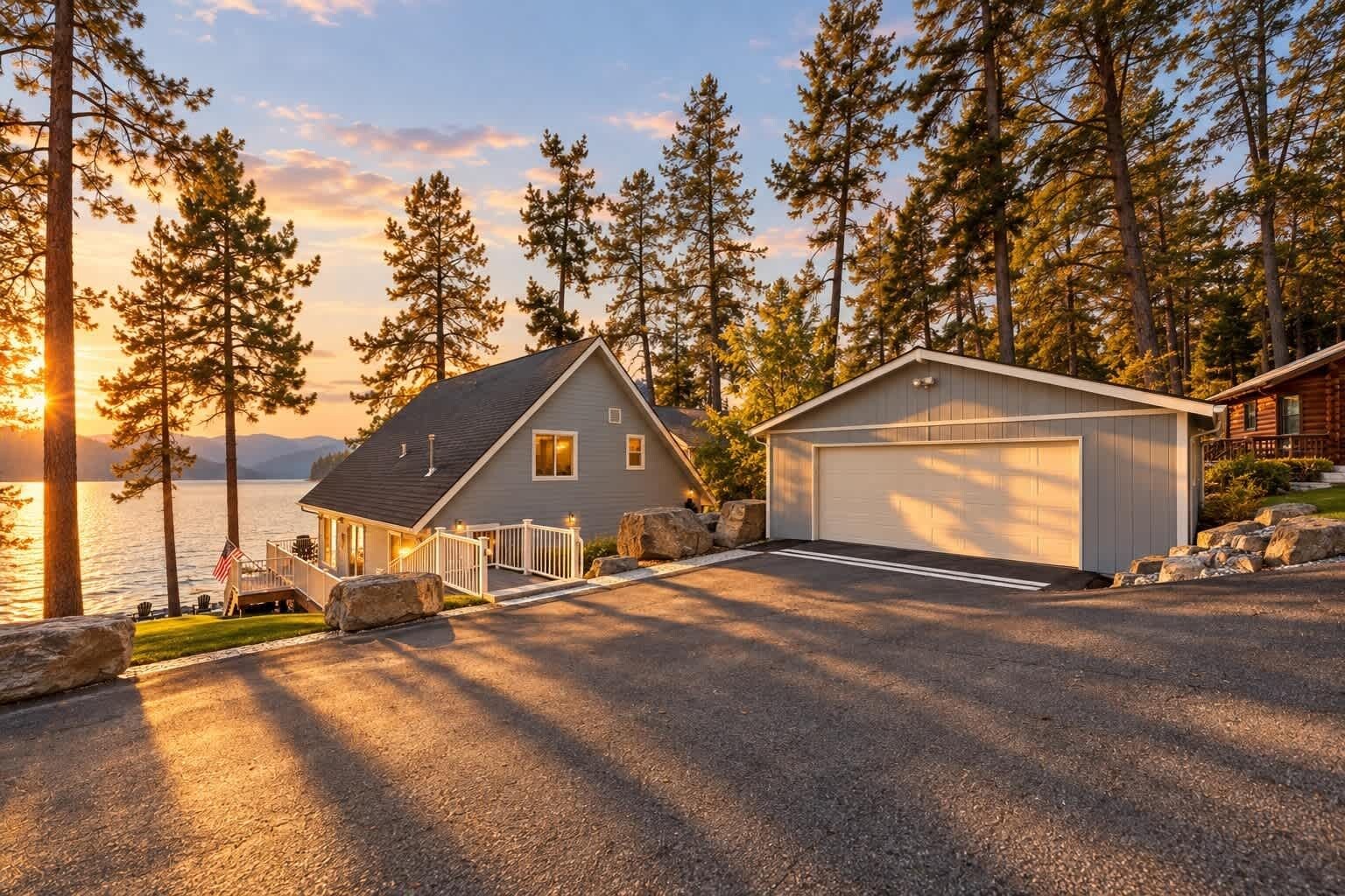 A two-story house with a garage, a deck, and a view of a lake.