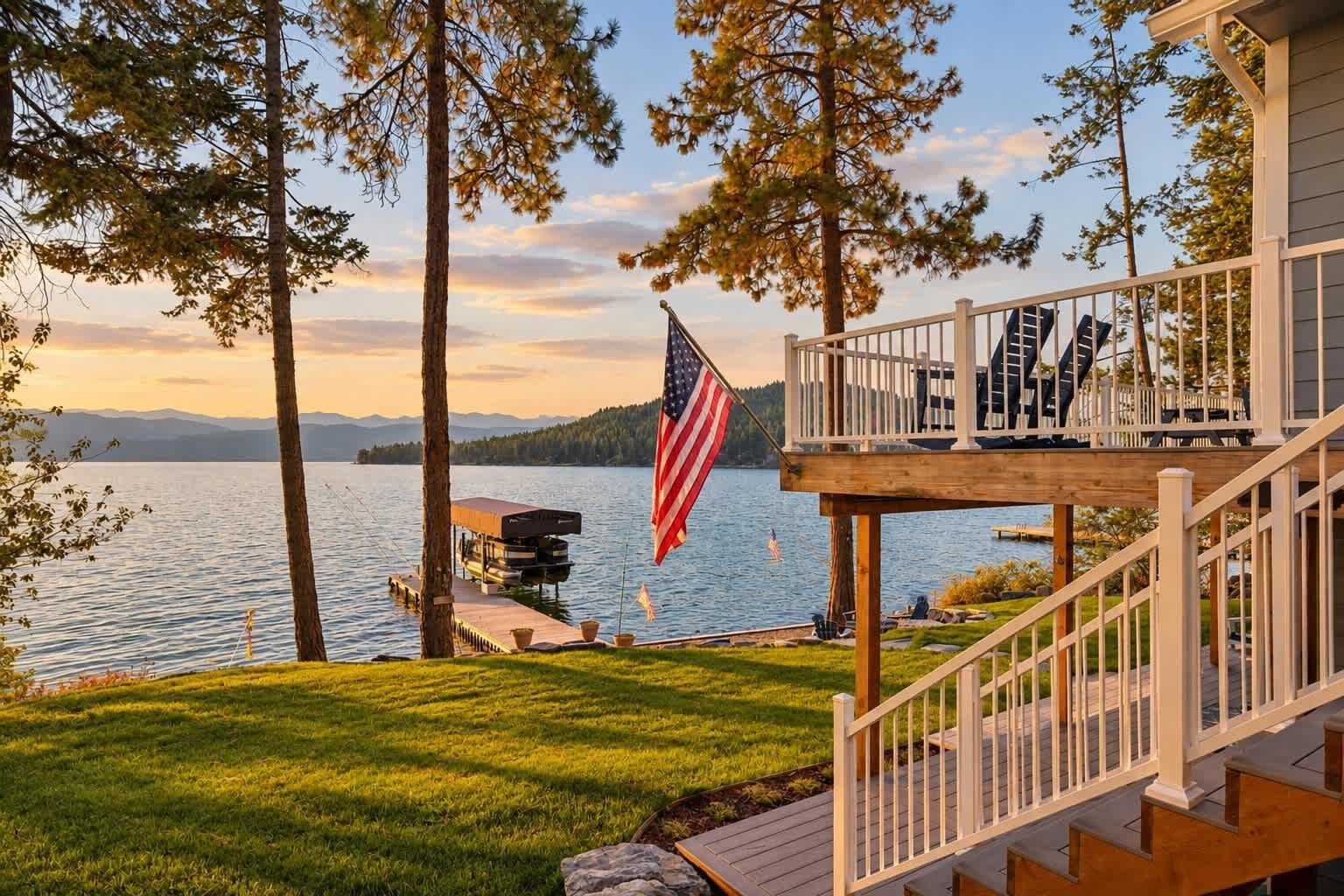 Une propriété au bord du lac, dotée d’une terrasse, d’un drapeau américain et d’un quai.