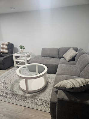 Una sala de estar moderna con un sofá gris, una mesa de centro redonda y una alfombra estampada.