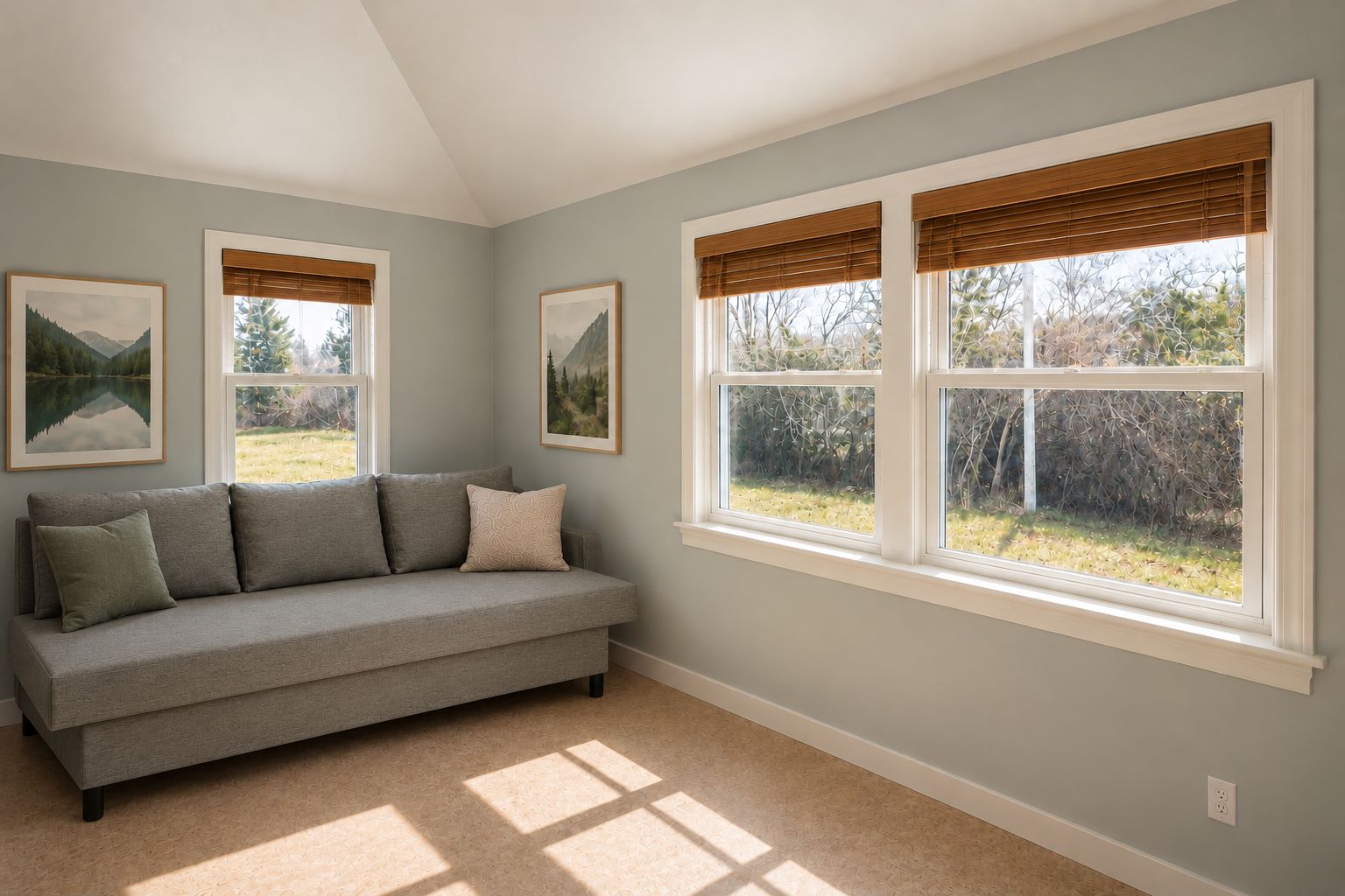 A room with a grey sofa, two framed pictures, and a large window with blinds.