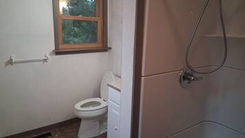 A bathroom with a toilet, a window, and a shower.