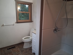A bathroom with a toilet, a window, and a shower.