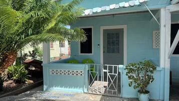 A light blue building with a gated entrance, a small porch, and a potted plant.