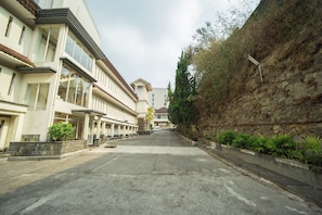 Una calle residencial con edificios de varios pisos, una vía pavimentada y un muro de piedra con vegetación.