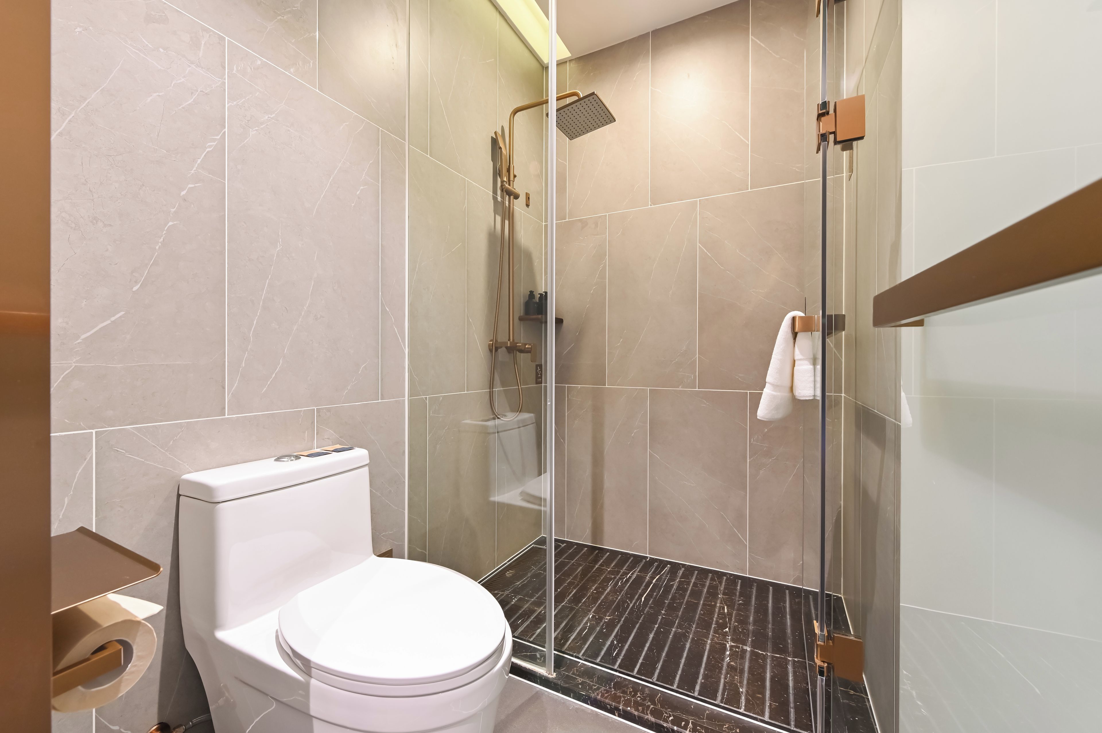 Une salle de bain moderne équipée de toilettes, d’une douche avec une porte en verre et d’un porte-serviettes.