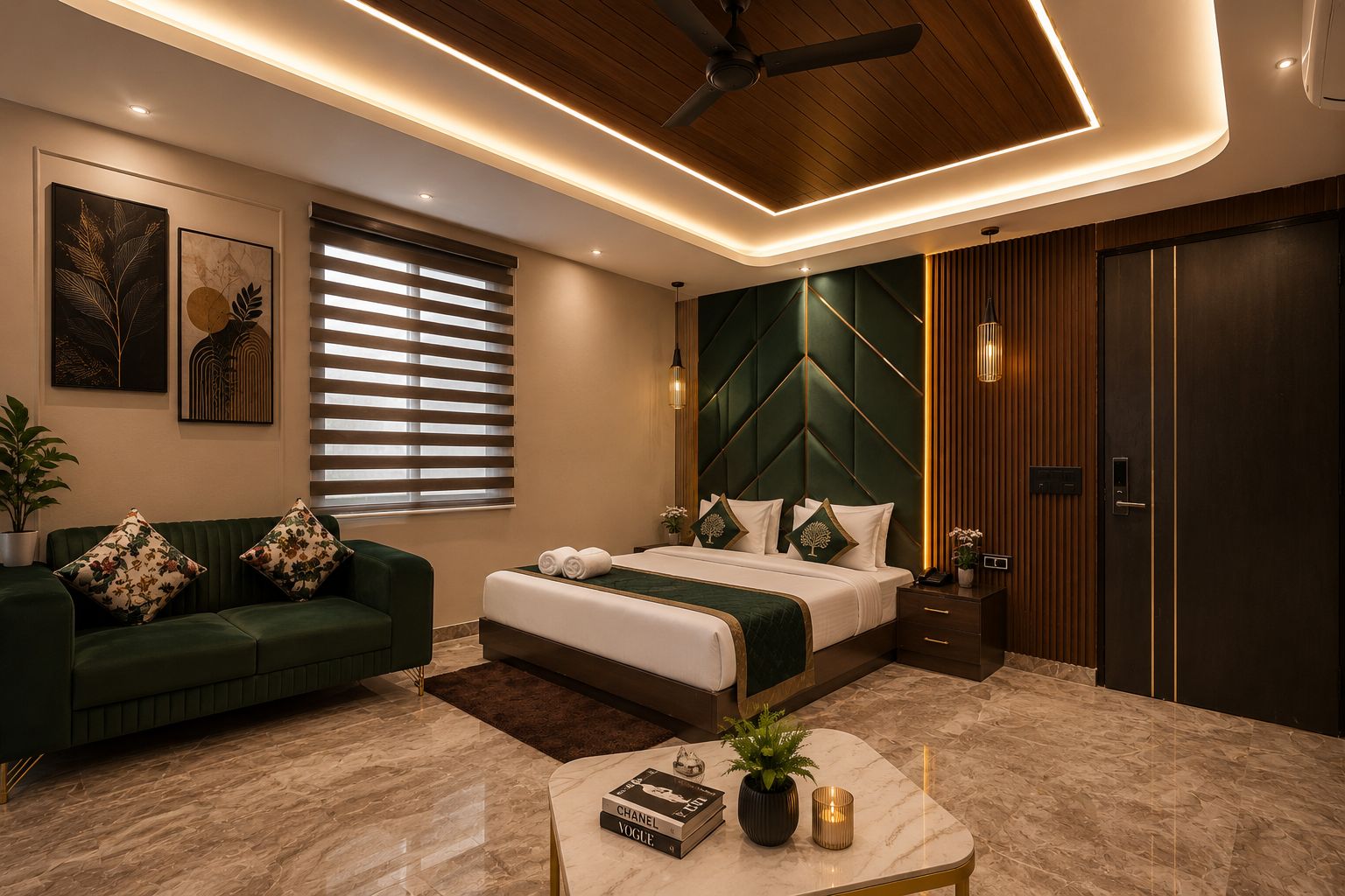 Un dormitorio moderno con cama, sofá verde, mesita de noche y una mesa de centro de mármol.