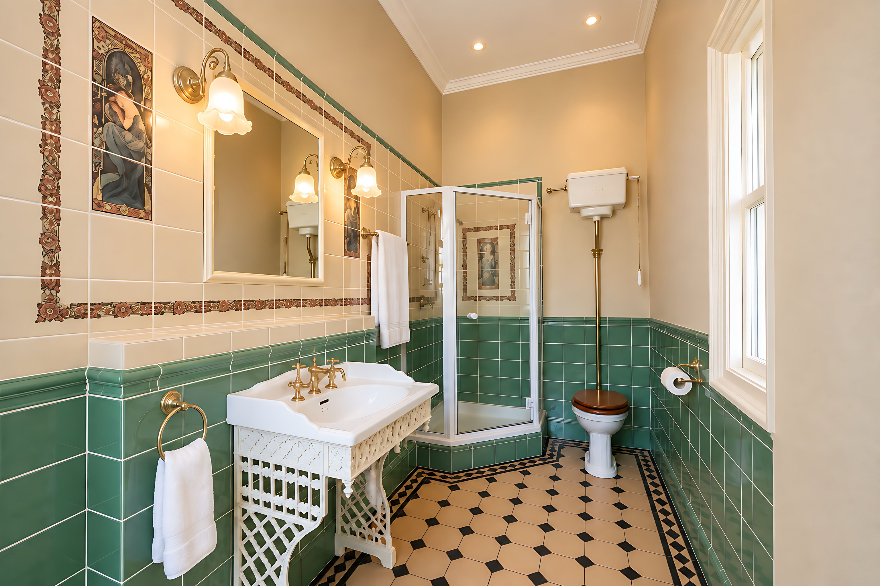 Ein Badezimmer mit weißem Waschbecken, Toilette, Duschkabine und einem Spiegel mit Wandleuchten.