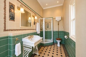 A bathroom with a white sink, a toilet, a shower enclosure, and a mirror with wall-mounted lights.