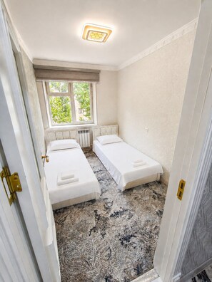 A hotel room with two single beds, a window with a view of greenery, a patterned carpet, and a ceiling light fixture. - Tranquil 2-bedroom apartment with AC in charming Samarqand (Samarqand)