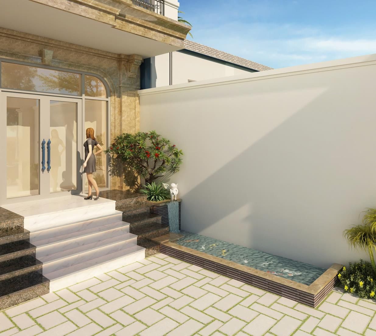 Un edificio moderno con fachada de piedra, un conjunto de escalones que conducen a un acceso por puerta de vidrio y un pequeño estanque en el patio.