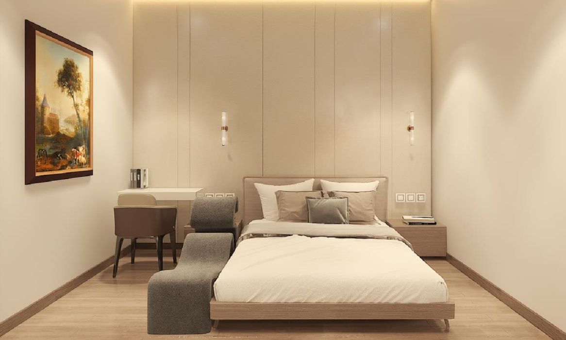 Une chambre à coucher moderne, avec un lit, des tables de chevet, un bureau et une chaise.