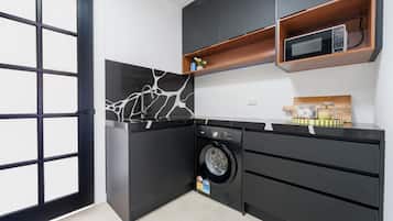 Stylish modern kitchenette with laundry, sleek finishes, and smart storage