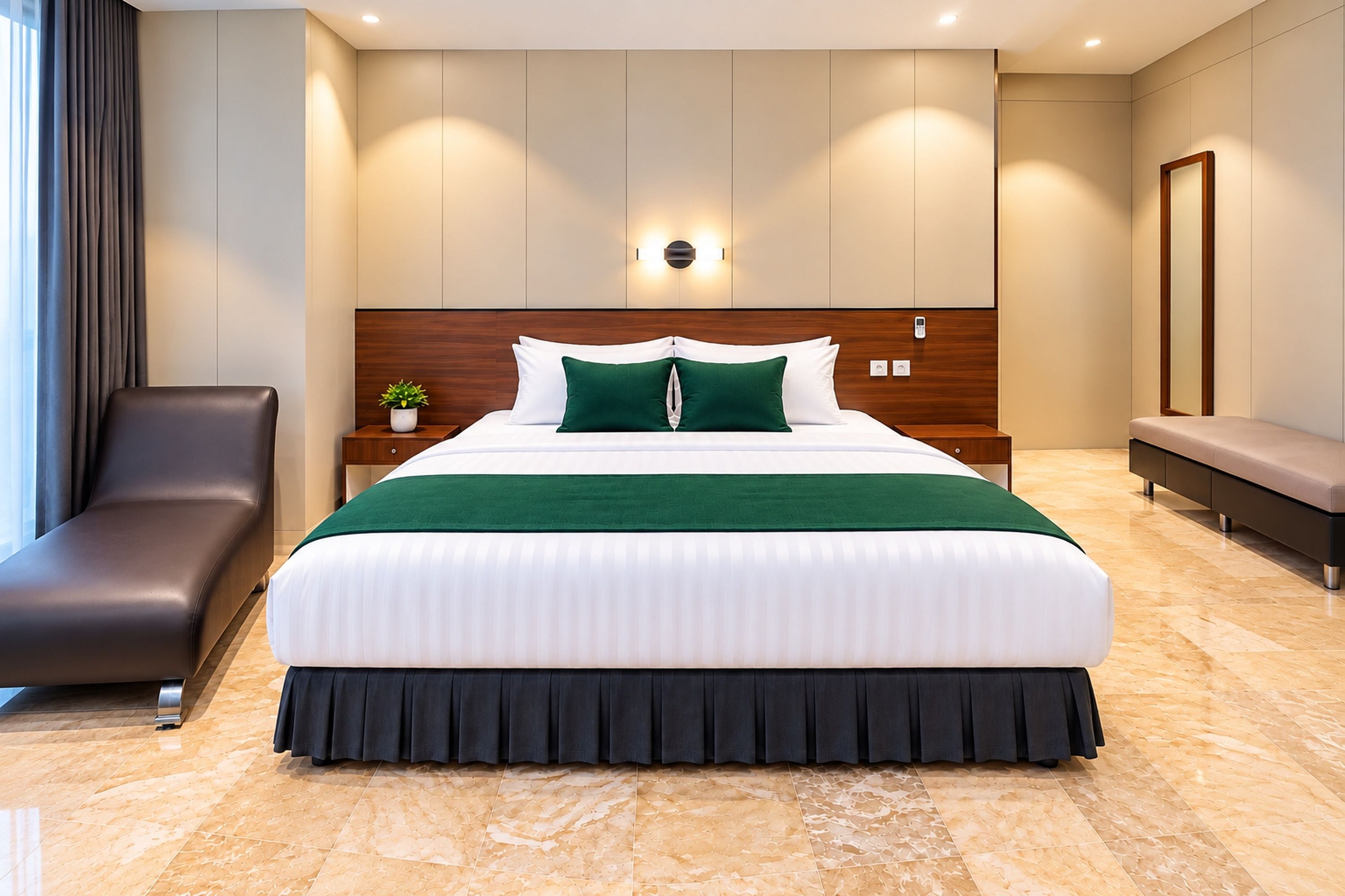 A modern hotel room with a large bed, a wooden headboard, a bedside table with a plant, a bench, and a large mirror.
