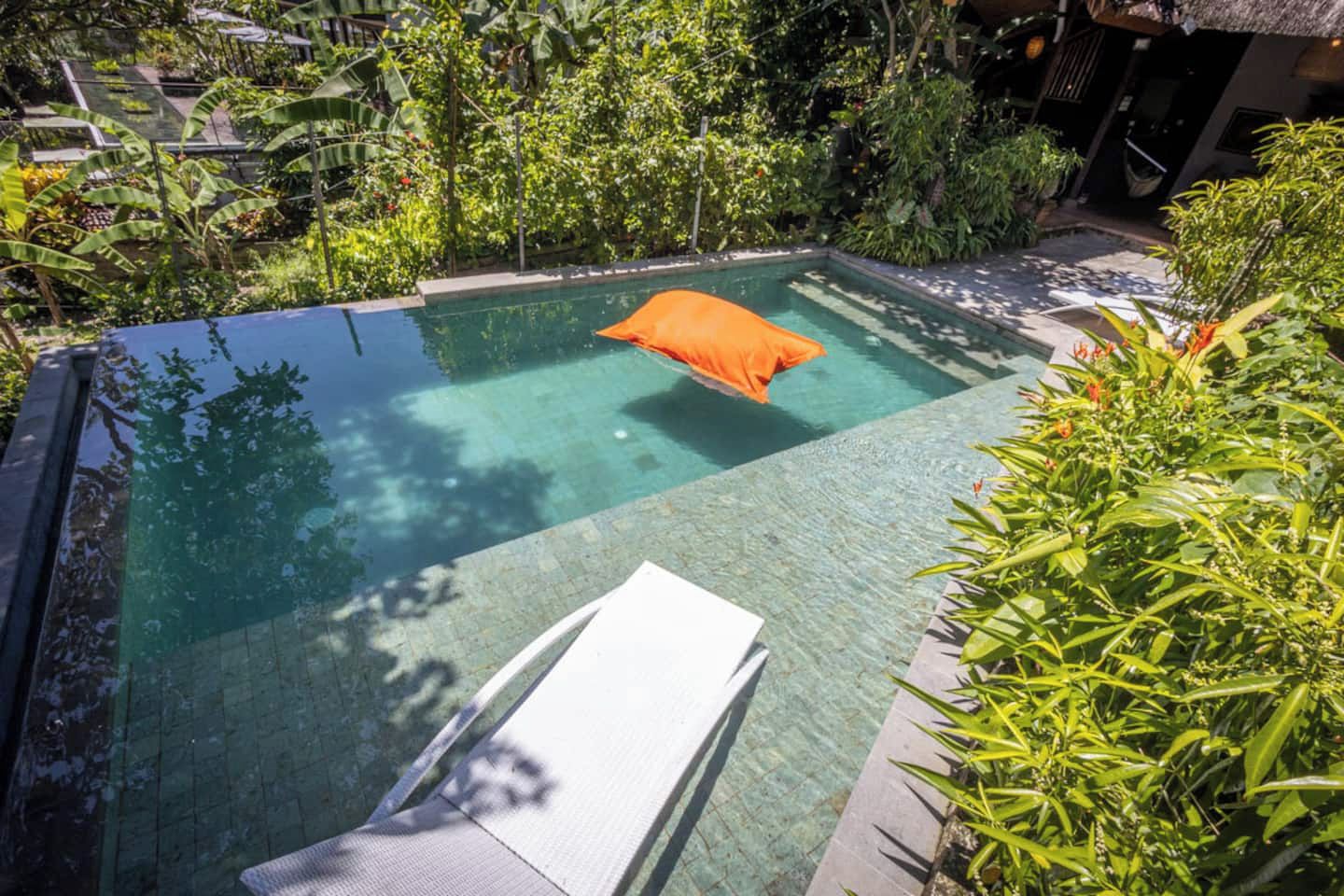 A clear swimming pool with a single orange cushion, surrounded by lush greenery.