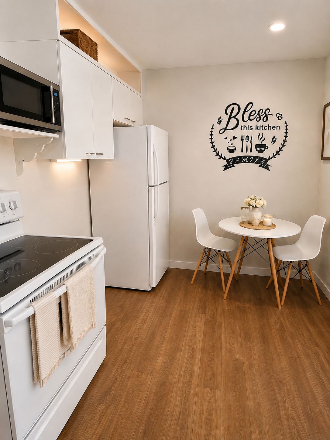 Une cuisine moderne avec des appareils électroménagers blancs, une table à manger avec des chaises et un autocollant mural sur lequel on peut lire : « Que cette cuisine soit bénie, FAMILLE ».