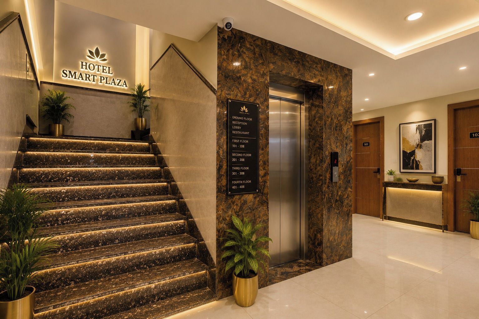Un vestíbulo de hotel con una recepción, una escalera que conduce a un ascensor y un letrero que indica la recepción, el vestíbulo y el restaurante de la planta baja.