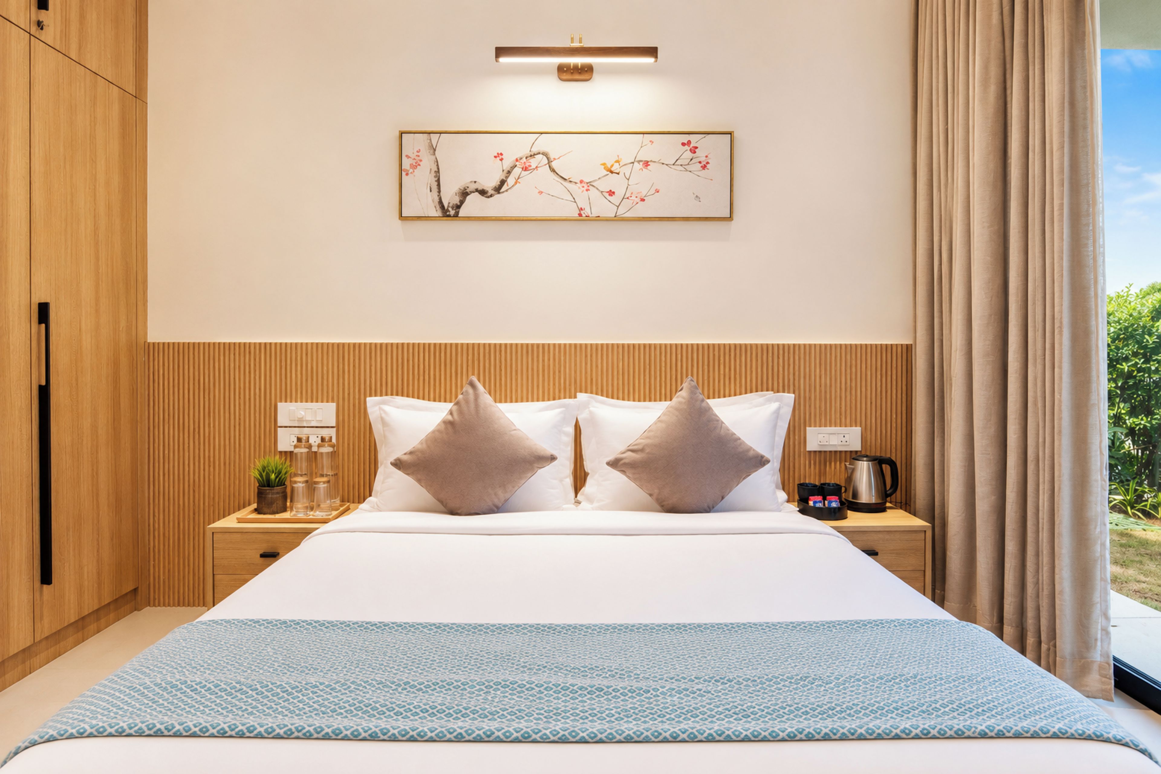Ein Hotelzimmer mit einem großen Bett, zwei Kissen, einem Nachttisch mit Wasserkocher, einer kleinen Pflanze und einer Wandleuchte.