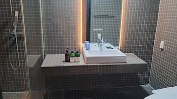 Un baño moderno con un lavamanos rectangular, un cabezal de ducha manual y un inodoro.