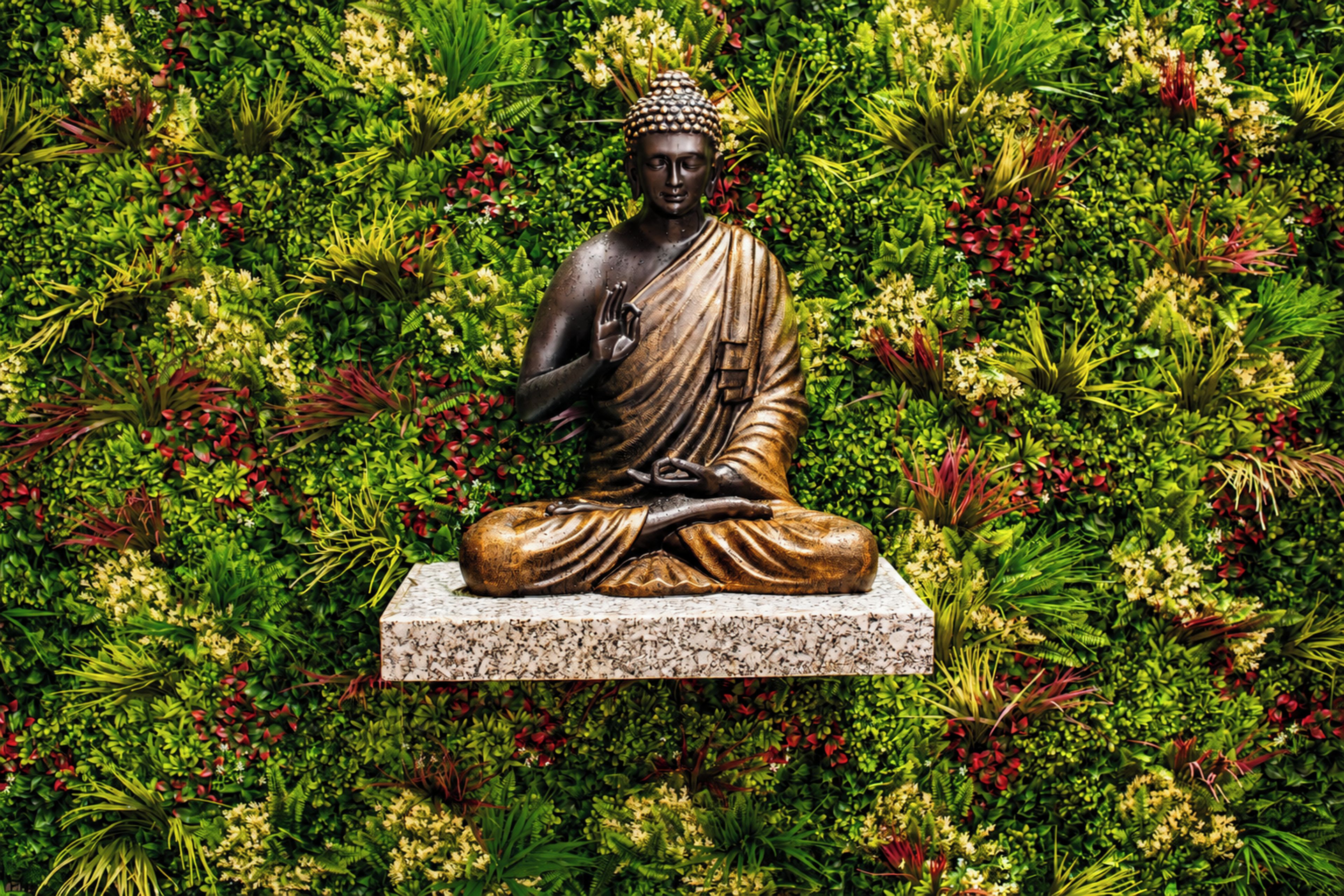 A seated statue on a pedestal surrounded by dense foliage.