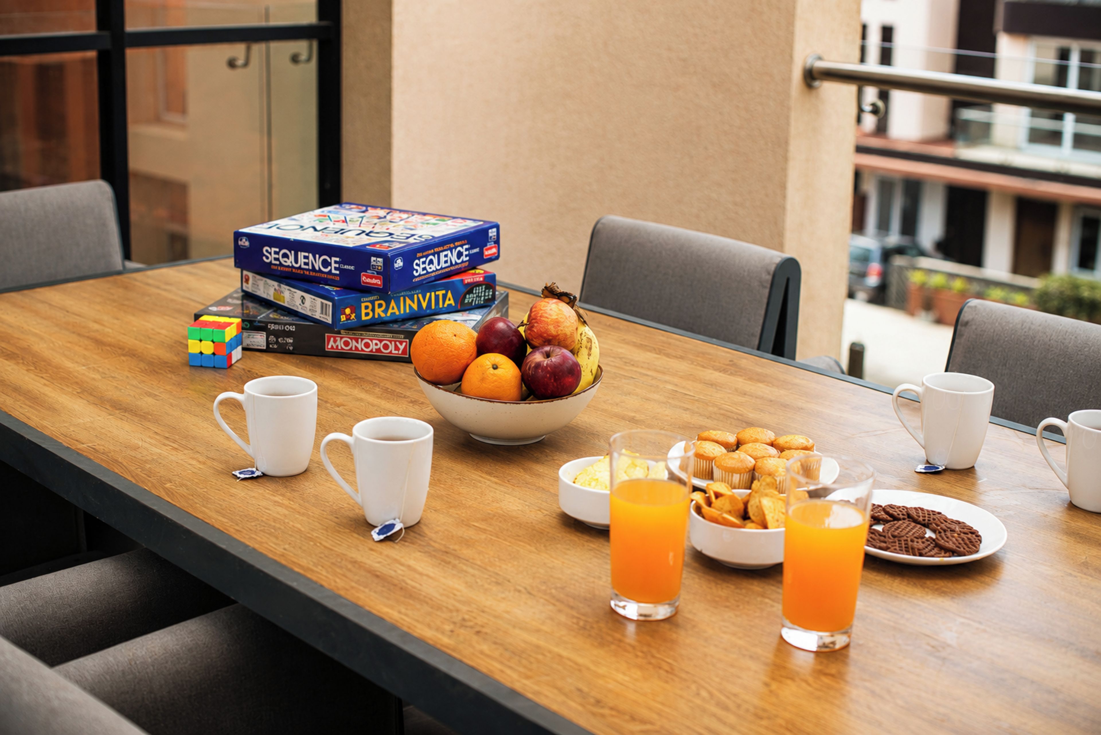 Una mesa de desayuno con juegos de mesa, frutas, magdalenas y tazas de café.
