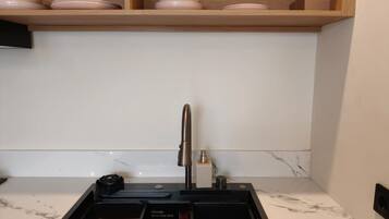 Una cucina con lavello incassato, rubinetto e dispenser per sapone.