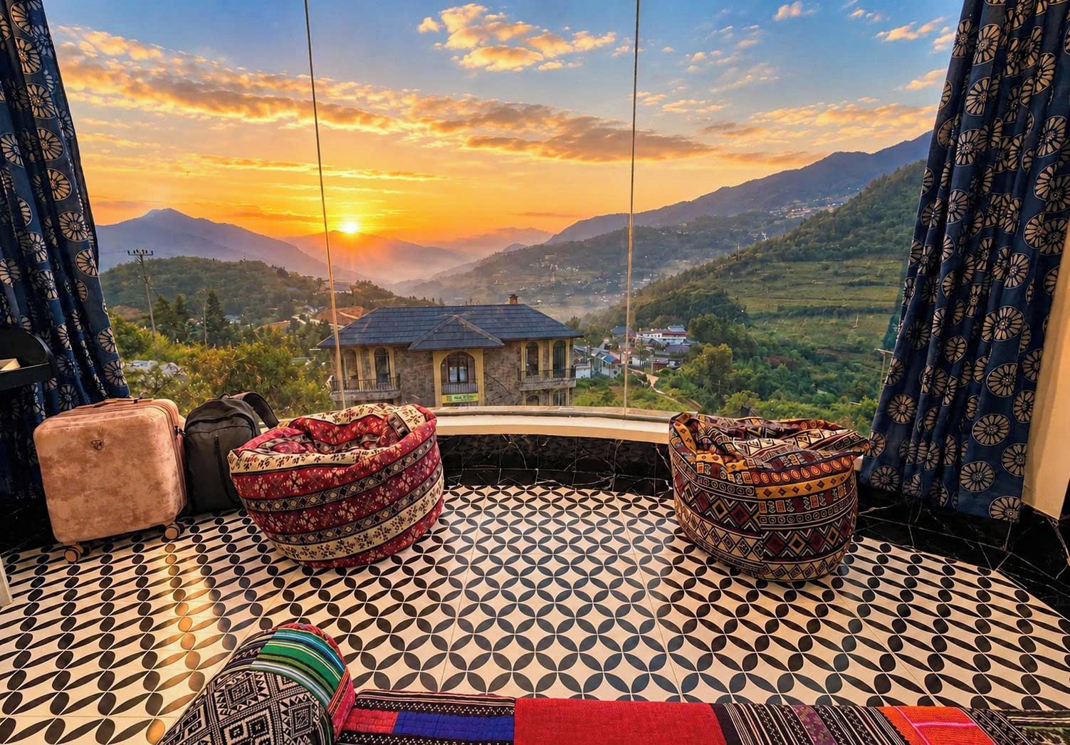 A room with a patterned floor, two patterned cushions, a suitcase, and a view of a mountainous landscape at sunset.