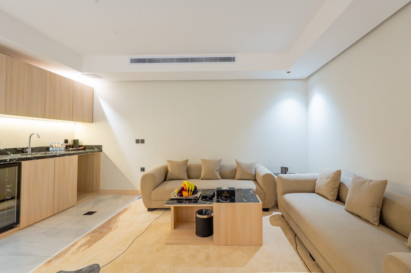 Una sala de estar moderna con un sofá, una mesa de centro y una cocina con armarios y encimera.