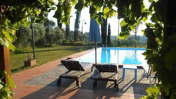 Una piscina con sillas de descanso y un pérgola cubierta de hiedra.