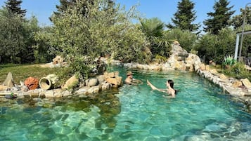 Una piscina exterior cristalina rodeada de rocas y árboles.