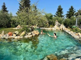Una piscina exterior cristalina rodeada de rocas y árboles.