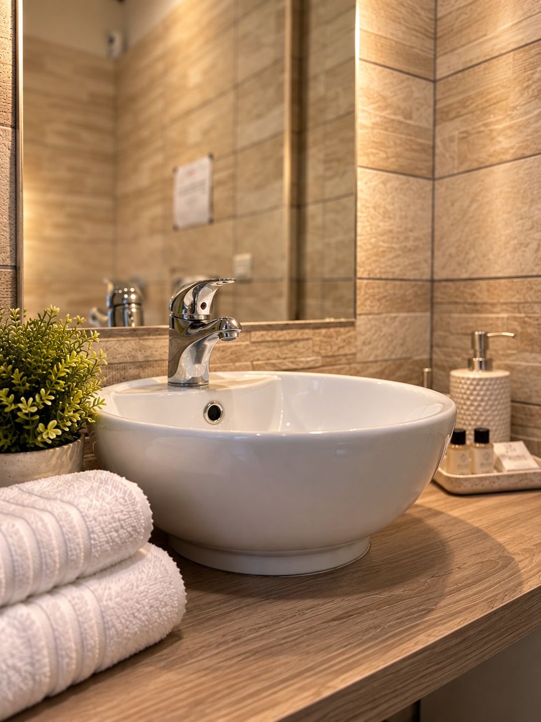 A bathroom with a white sink, a mirror, and a wooden countertop.