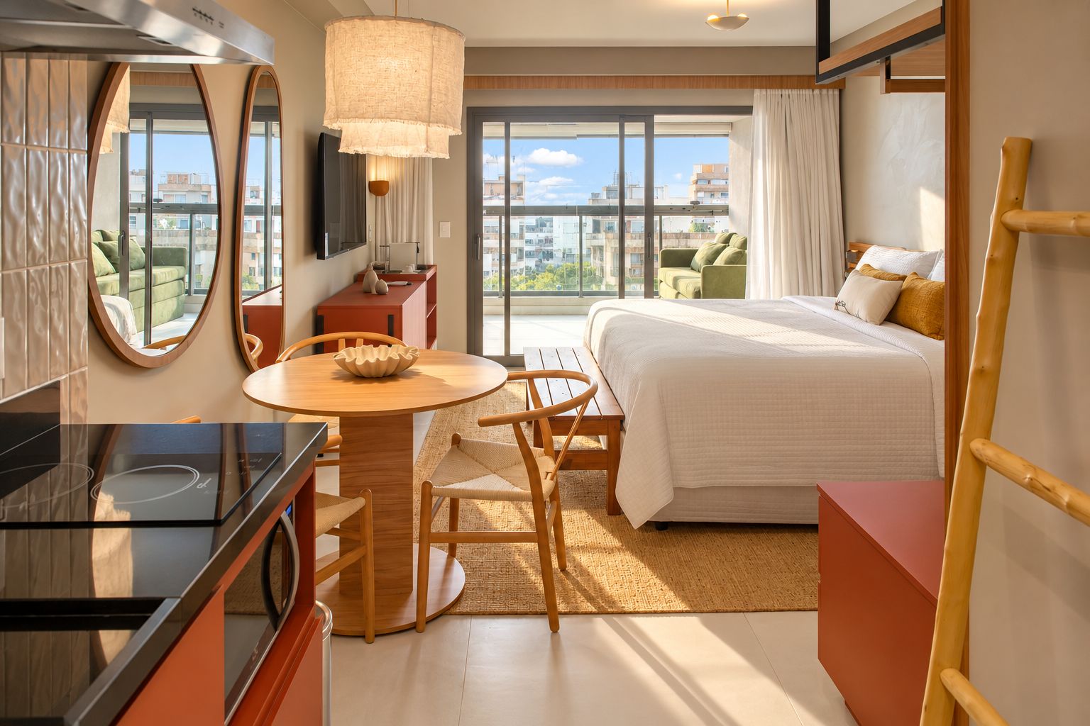 Une chambre d’hôtel comprenant un lit, un bureau avec une chaise, une table ronde, un grand miroir et une vue sur la ville par la fenêtre.