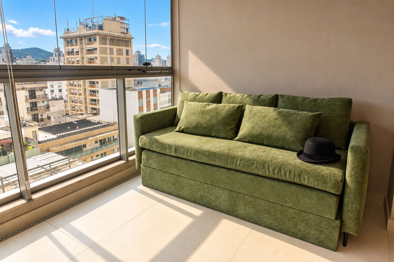 Ein grünes Sofa mit einem schwarzen Hut, ein großes Fenster mit Blick auf die Stadt und ein Fliesenboden.