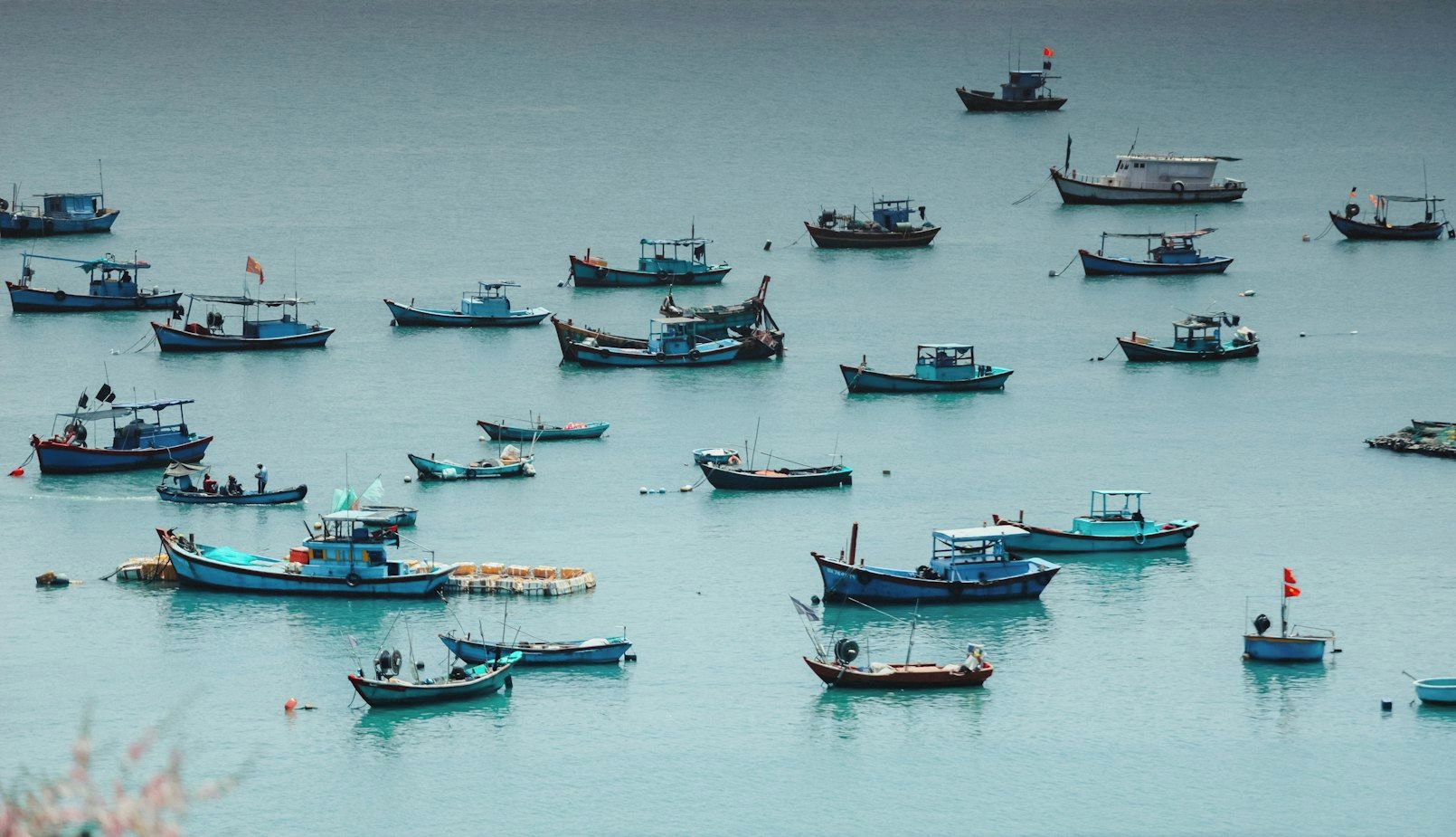 A calm body of water with numerous small boats anchored.